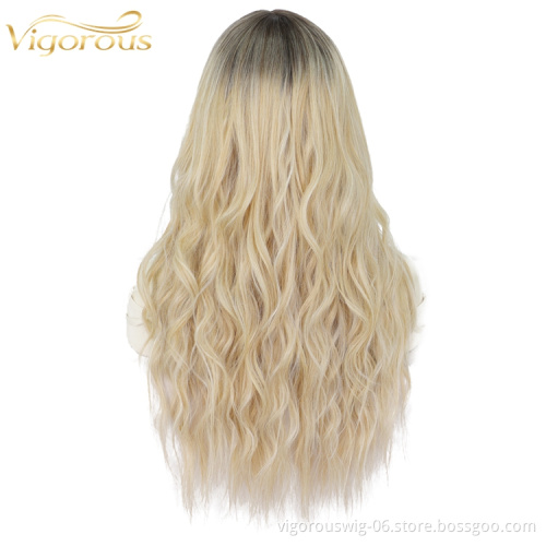 Synthetic Small Part Lace Middle Part Natural Wavy Long Ombre Blonde Hair Top Quantity Supplier Women's Wig Heat Resistant